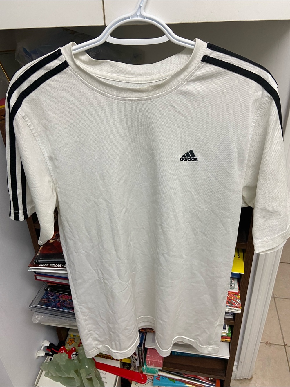 Vintage White Adidas Black Three Stripe Drifit Top